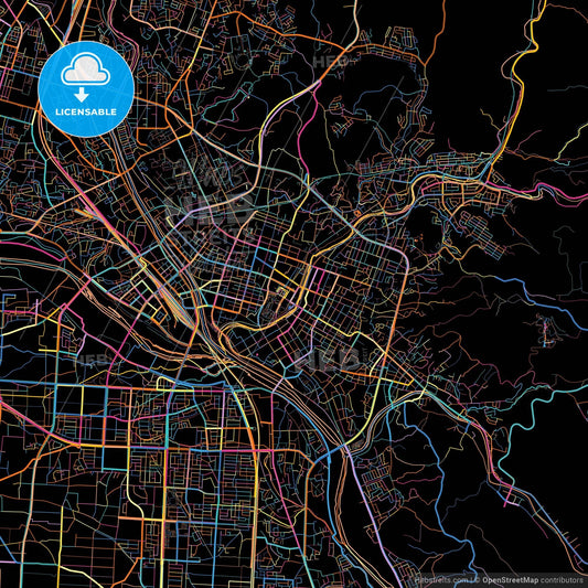 Morioka, Iwate, Japan, colorful city map on black background