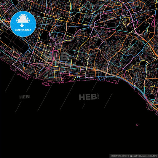 Akashi, Hyōgo, Japan, colorful city map on black background