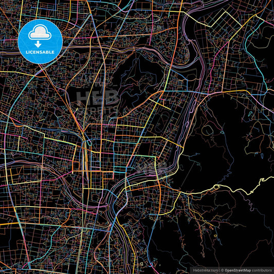 Fukushima, Fukushima, Japan, colorful city map on black background