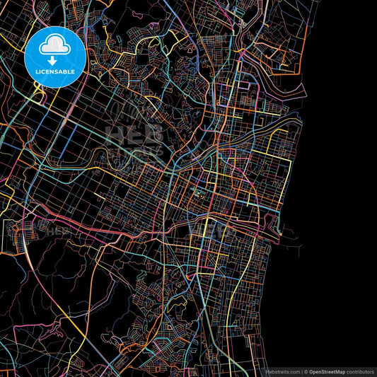 Tsu, Mie, Japan, colorful city map on black background