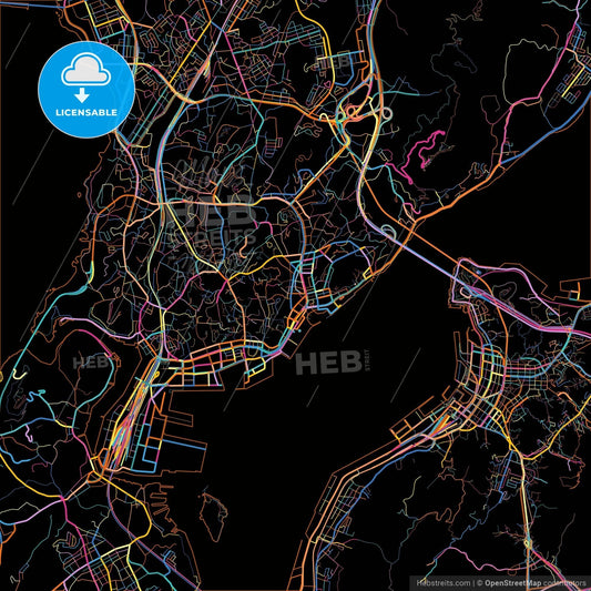 Shimonoseki, Yamaguchi, Japan, colorful city map on black background
