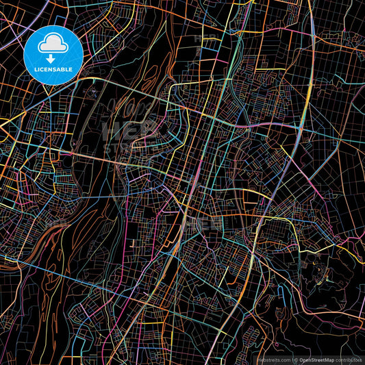 Nagaoka, Niigata, Japan, colorful city map on black background