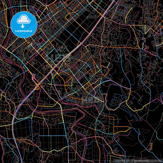Ichihara, Chiba, Japan, colorful city map on black background