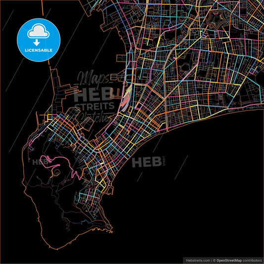 Hakodate, Hokkaidō, Japan, colorful city map on black background