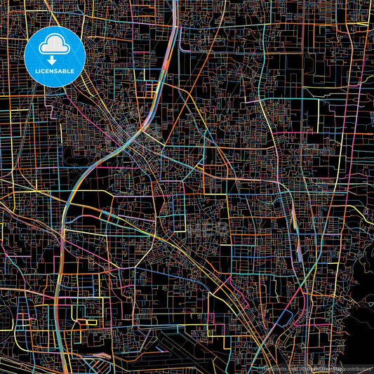 Yao, Osaka, Japan, colorful city map on black background