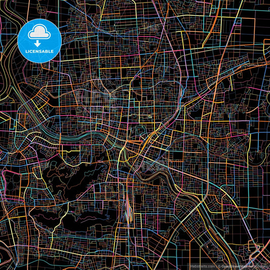Fukui, Fukui, Japan, colorful city map on black background