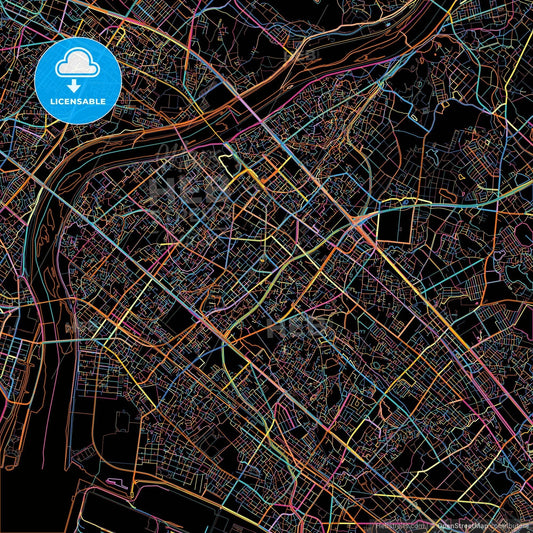 Kakogawa, Hyōgo, Japan, colorful city map on black background