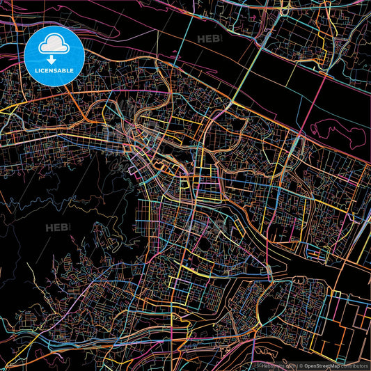 Tokushima, Tokushima, Japan, colorful city map on black background
