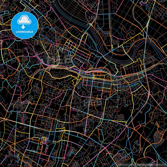 Mito, Ibaraki, Japan, colorful city map on black background