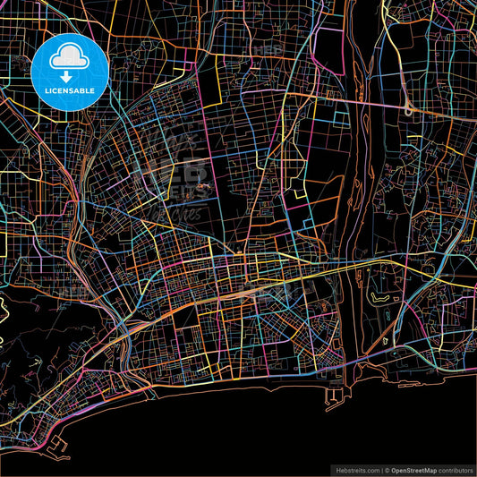 Hiratsuka, Kanagawa, Japan, colorful city map on black background