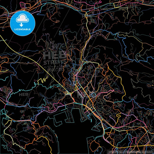 Sasebo, Nagasaki, Japan, colorful city map on black background
