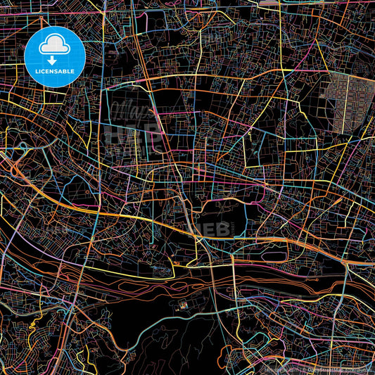 Fuchū, Tokyo, Japan, colorful city map on black background