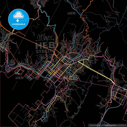 Kure, Hiroshima, Japan, colorful city map on black background