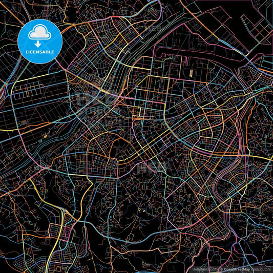 Hachinohe, Aomori, Japan, colorful city map on black background