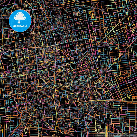 Saga, Saga, Japan, colorful city map on black background