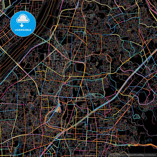 Neyagawa, Osaka, Japan, colorful city map on black background