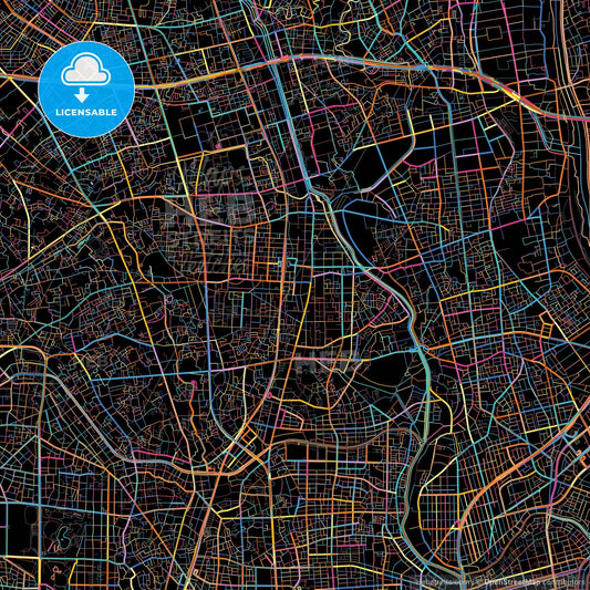 Sōka, Saitama, Japan, colorful city map on black background