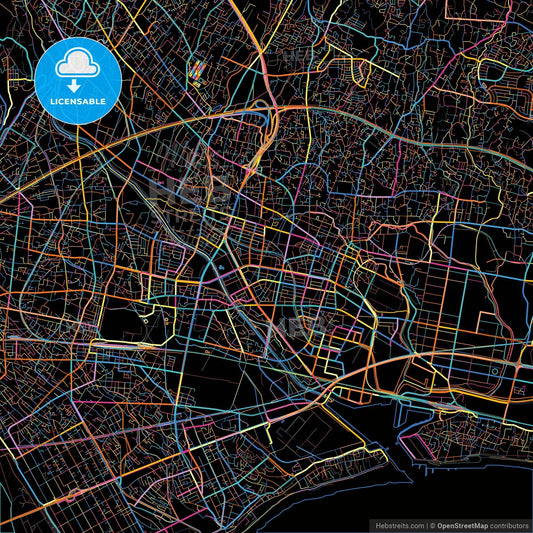Fuji, Shizuoka, Japan, colorful city map on black background