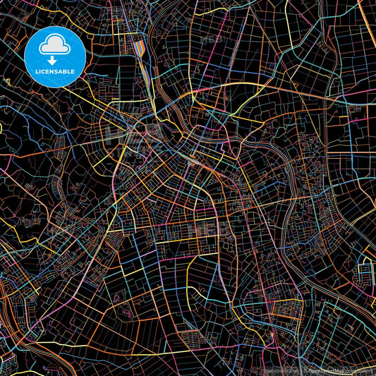 Kasukabe, Saitama, Japan, colorful city map on black background