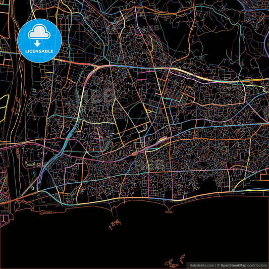 Chigasaki, Kanagawa, Japan, colorful city map on black background