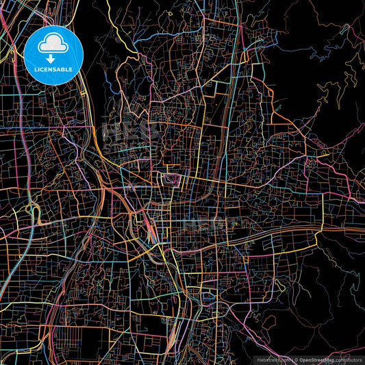 Matsumoto, Nagano, Japan, colorful city map on black background