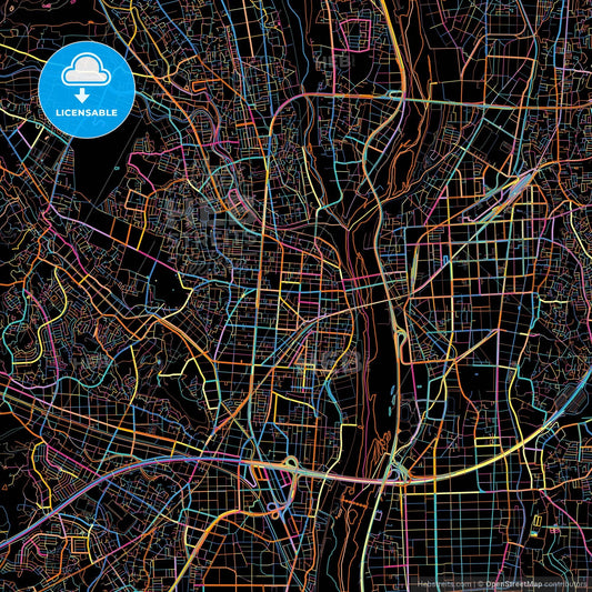 Atsugi, Kanagawa, Japan, colorful city map on black background