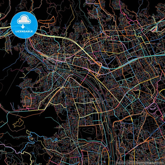 Takarazuka, Hyōgo, Japan, colorful city map on black background