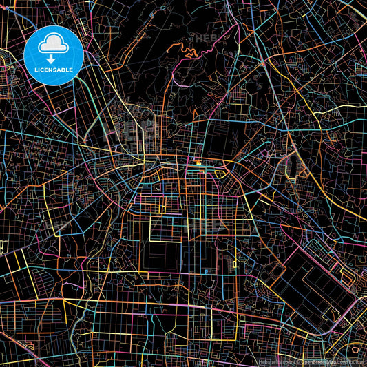 Ōta, Gunma, Japan, colorful city map on black background