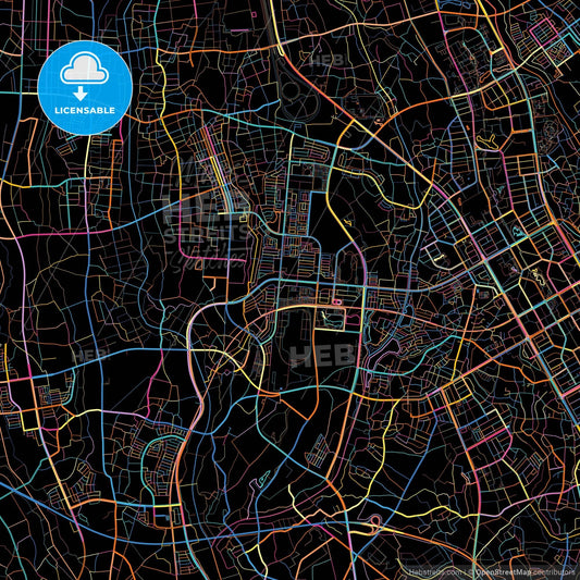 Tsukuba, Ibaraki, Japan, colorful city map on black background