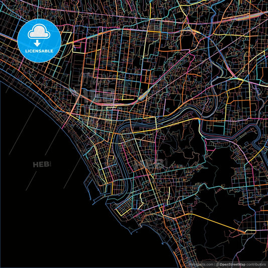 Numazu, Shizuoka, Japan, colorful city map on black background