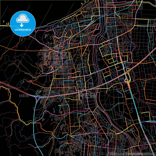 Jōetsu, Niigata, Japan, colorful city map on black background