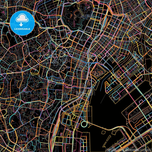Minato, Tokyo, Japan, colorful city map on black background