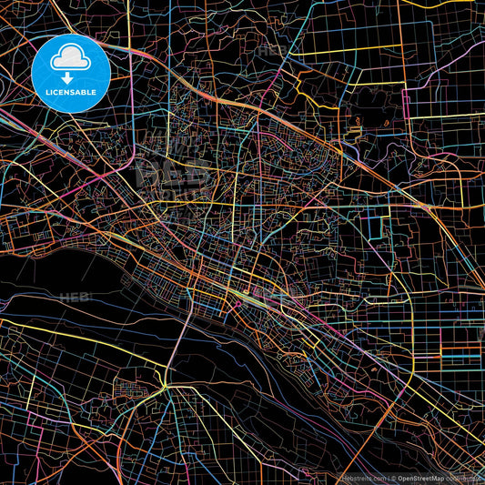 Kumagaya, Saitama, Japan, colorful city map on black background