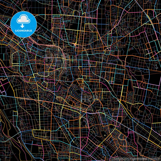 Isesaki, Gunma, Japan, colorful city map on black background