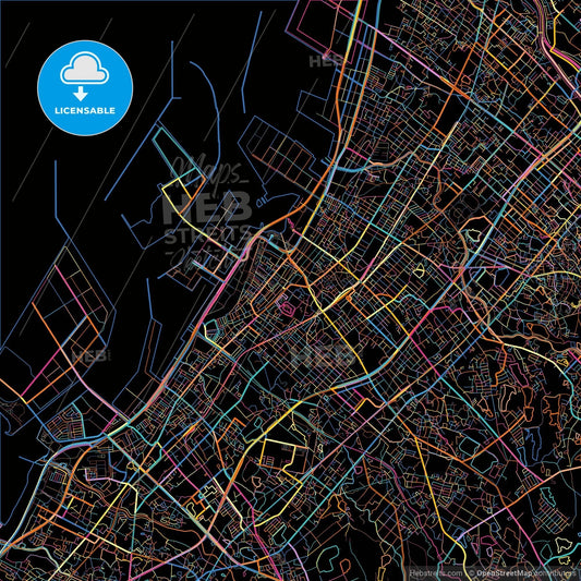 Kishiwada, Osaka, Japan, colorful city map on black background