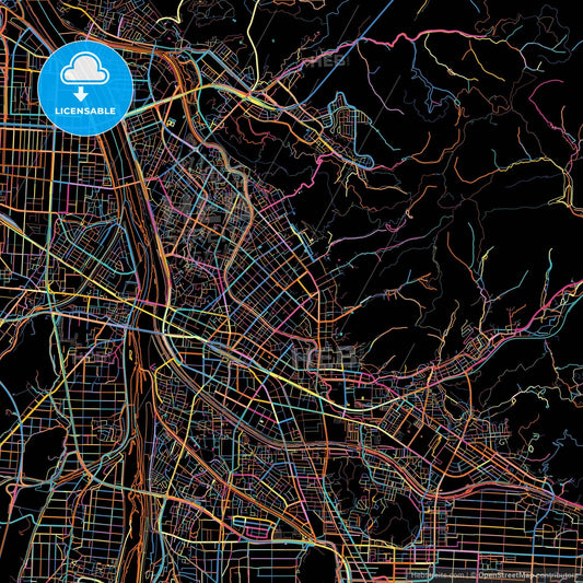 Tottori, Tottori, Japan, colorful city map on black background