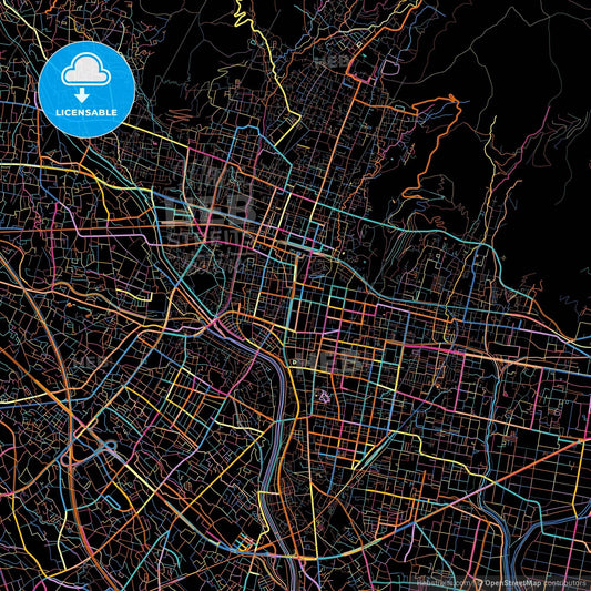 Kōfu, Yamanashi, Japan, colorful city map on black background
