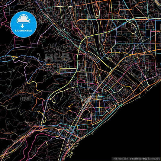 Odawara, Kanagawa, Japan, colorful city map on black background