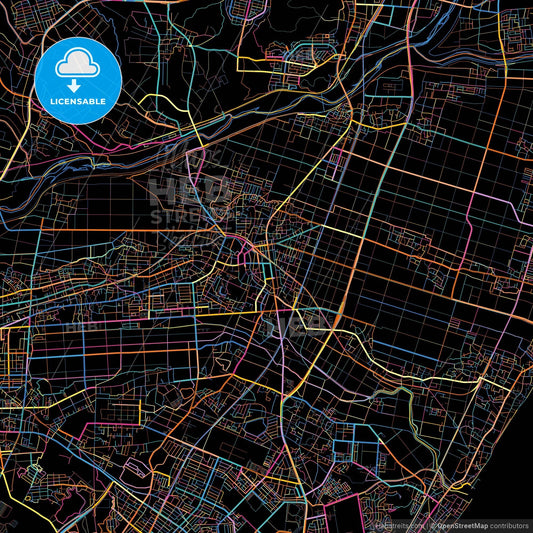 Suzuka, Mie, Japan, colorful city map on black background