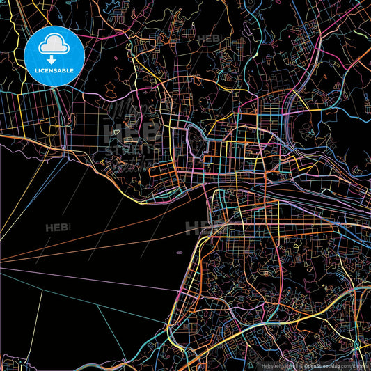 Matsue, Shimane, Japan, colorful city map on black background