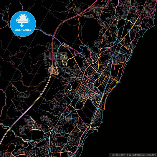Hitachi, Ibaraki, Japan, colorful city map on black background