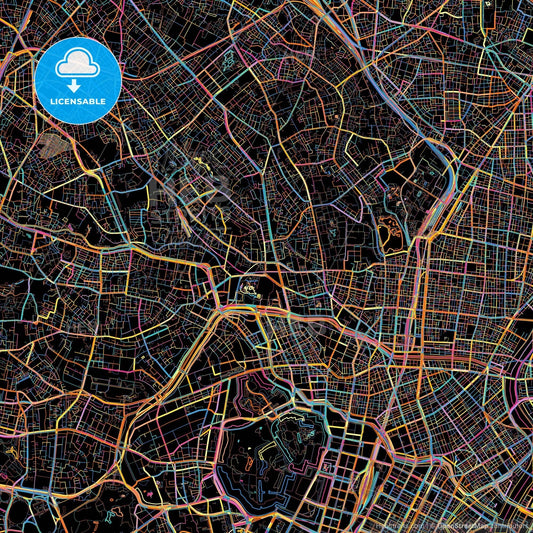 Bunkyō, Tokyo, Japan, colorful city map on black background