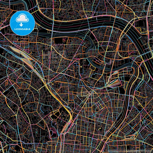 Arakawa, Tokyo, Japan, colorful city map on black background