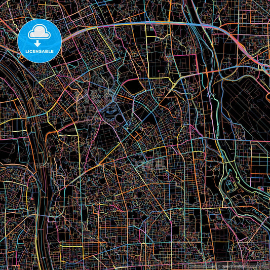 Itami, Hyōgo, Japan, colorful city map on black background