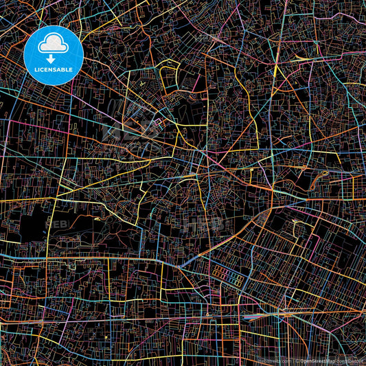 Nishitōkyō, Tokyo, Japan, colorful city map on black background