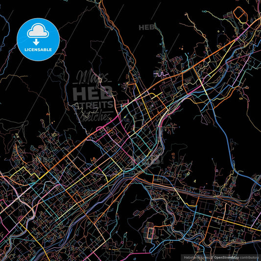 Yamaguchi, Yamaguchi, Japan, colorful city map on black background