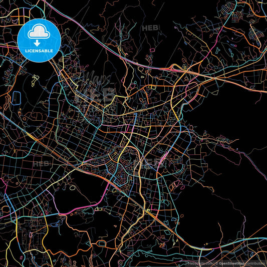 Higashihiroshima, Hiroshima, Japan, colorful city map on black background