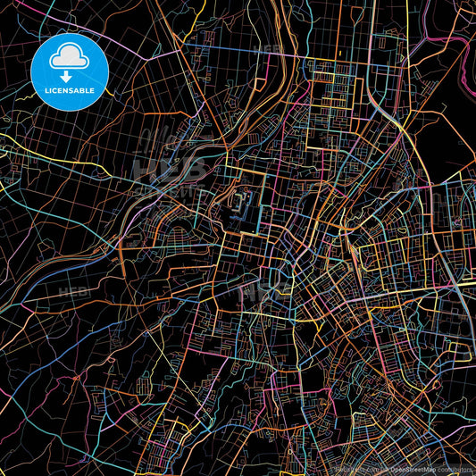 Hirosaki, Aomori, Japan, colorful city map on black background