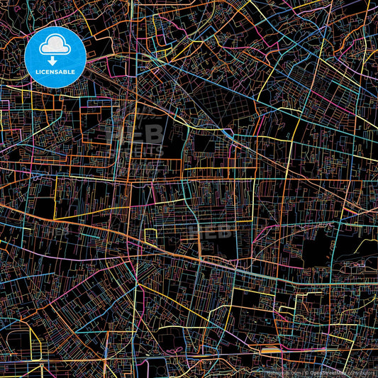 Kodaira, Tokyo, Japan, colorful city map on black background