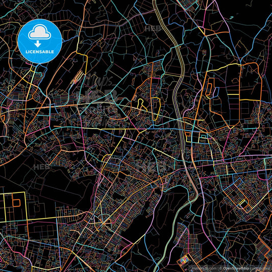 Yachiyo, Chiba, Japan, colorful city map on black background